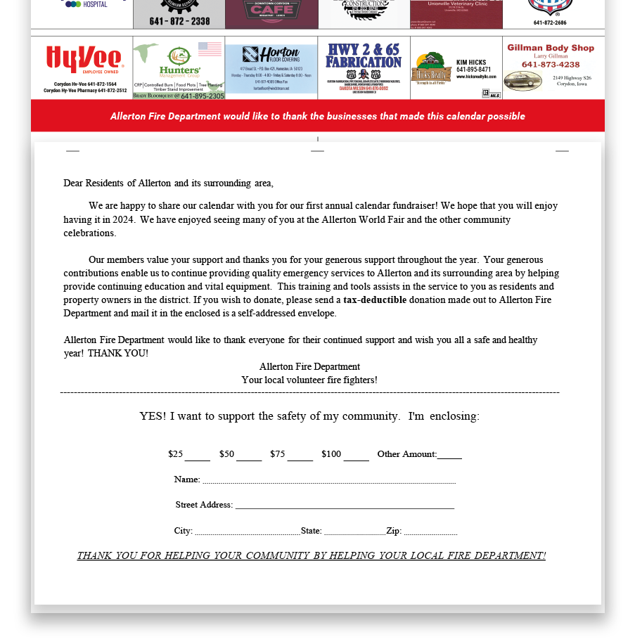 A sample fire donation letter that can be added to a fundraising calendar