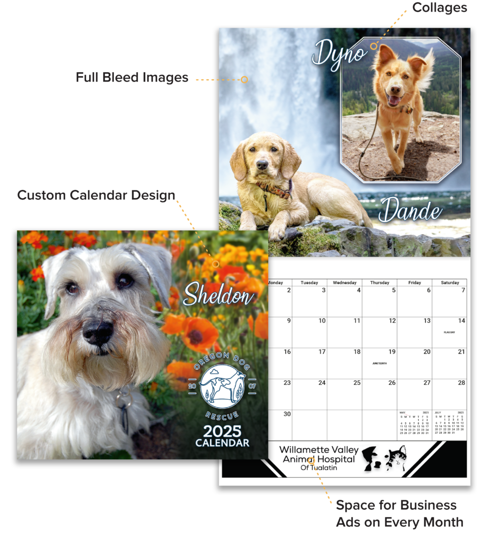 Graphic explaining the features that you can add to your fundraising calendar: collages, full bleed images, custom calendar designs made by our in-house designers, and space every month for local businesses to advertise/sponsor