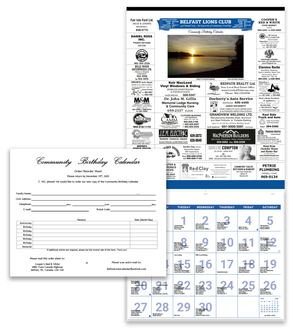 Sample tearsheet fundraising calendar for a lions club. The back has a large main photo and multiple rows of ads. A sample reorder form can be added