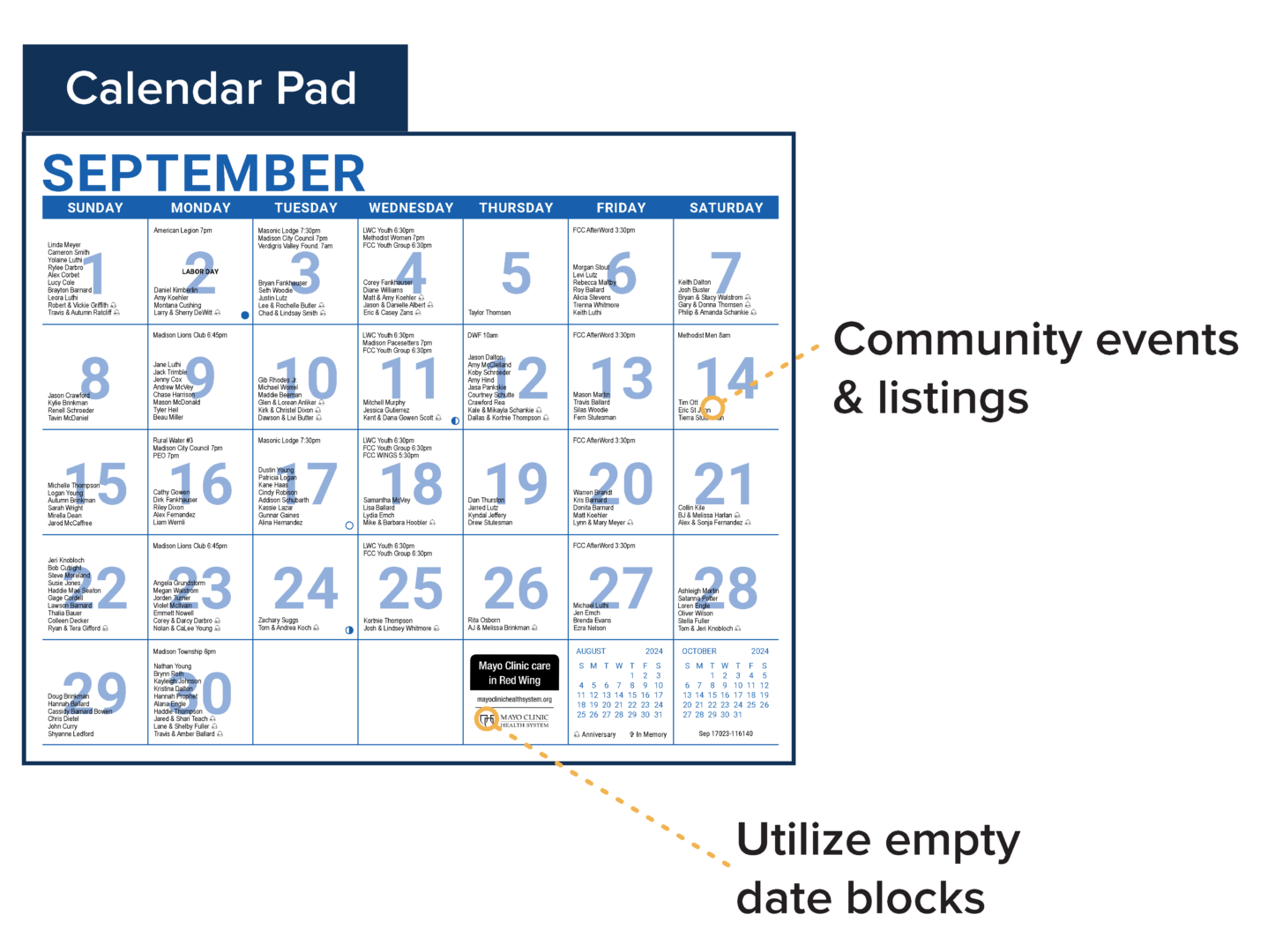 Graphic explaining the features that you can add to your fundraising calendar pad: community events, birthday and memorial listings, empty date blocks that can be used for advertising and sponsors