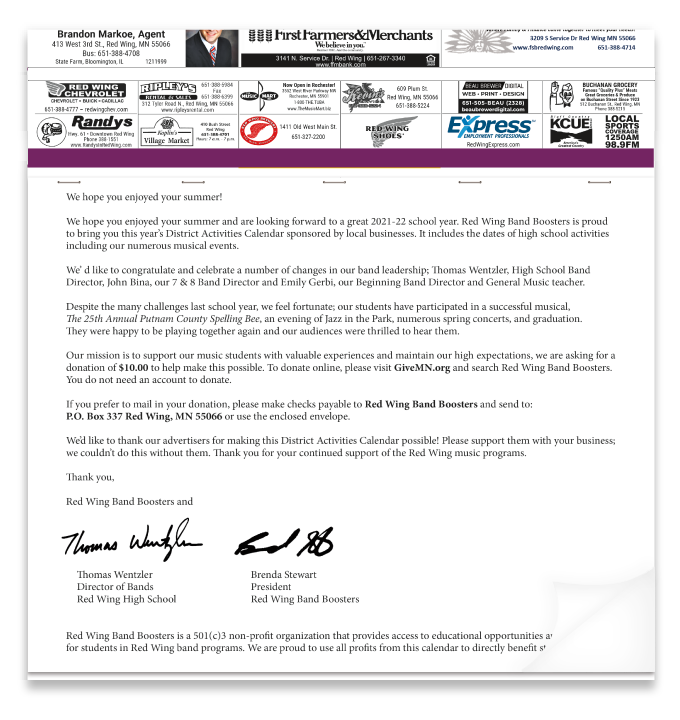 A sample donation letter that can be added to a fundraising calendar