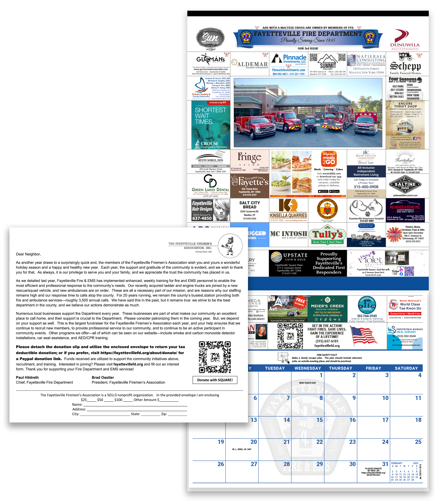 Sample tearsheet fundraising calendar for a fire department. The back has a large main photo and multiple rows of ads. A sample donation letter can be added.