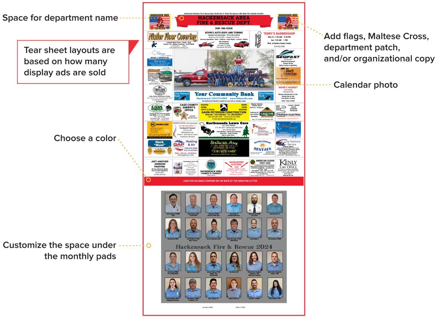 Graphic explaining the features that you can add to your fundraising calendar: space for an fire department name and flags or badges, a full size calendar photo, custom color options, custom underpad space. Tearsheet layouts are determined by how many ads are sold and the orientation of your photo