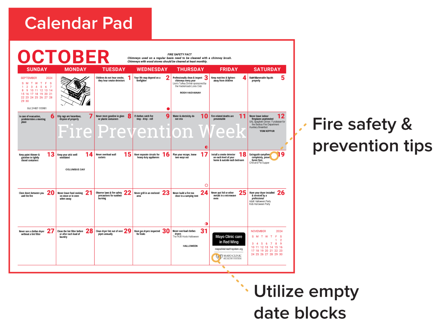 Graphic explaining the features that you can add to your fundraising calendar pad: fire safety and prevention tips, community events, empty date blocks that can be used for advertising and sponsors