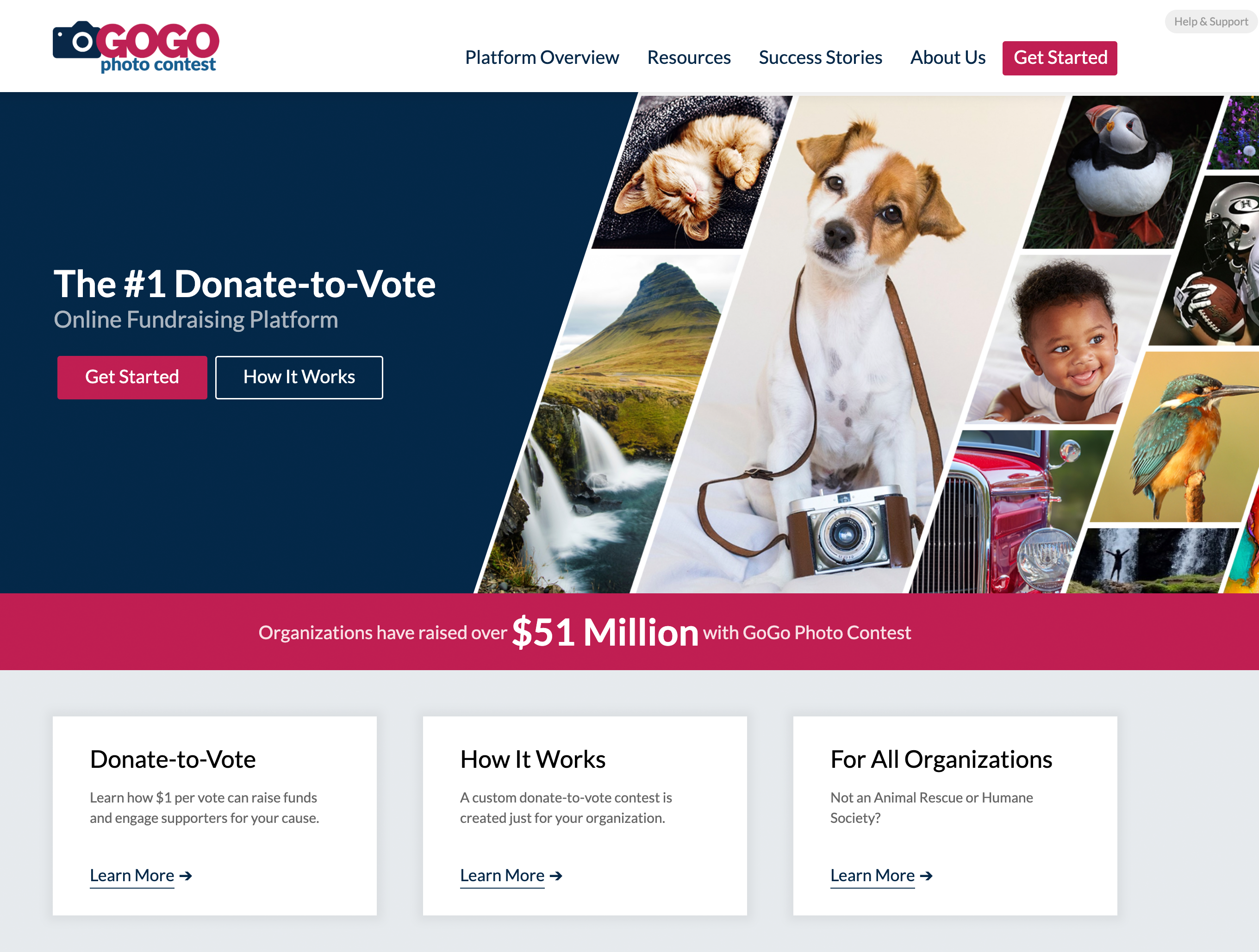 The homepage of a fundraising website: www.gogophotocontest.com