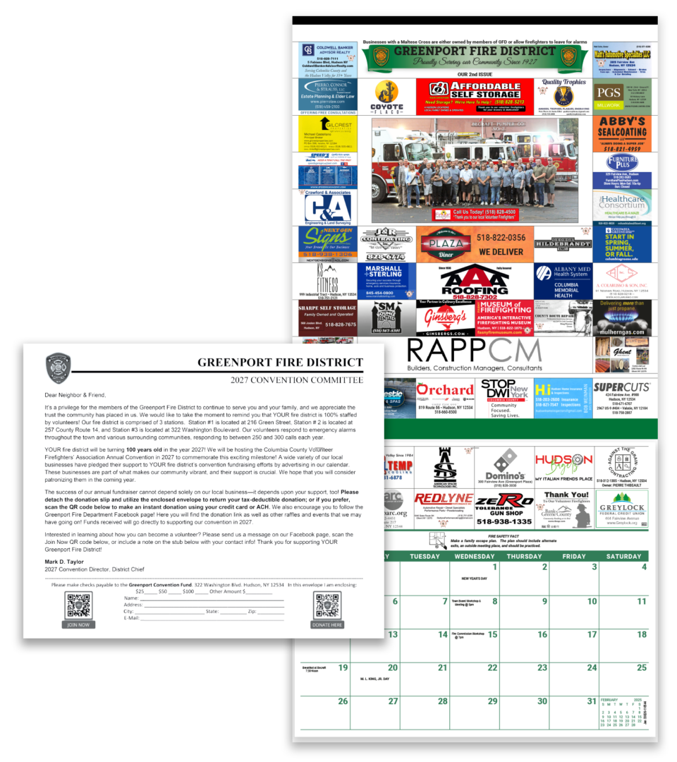 Sample tearsheet fundraising calendar for a fire department. The back has a large main photo and multiple rows of ads. The calendar pad has been shrunk to accommodate additional rows of color ads on the pad. A sample donation letter can be added.