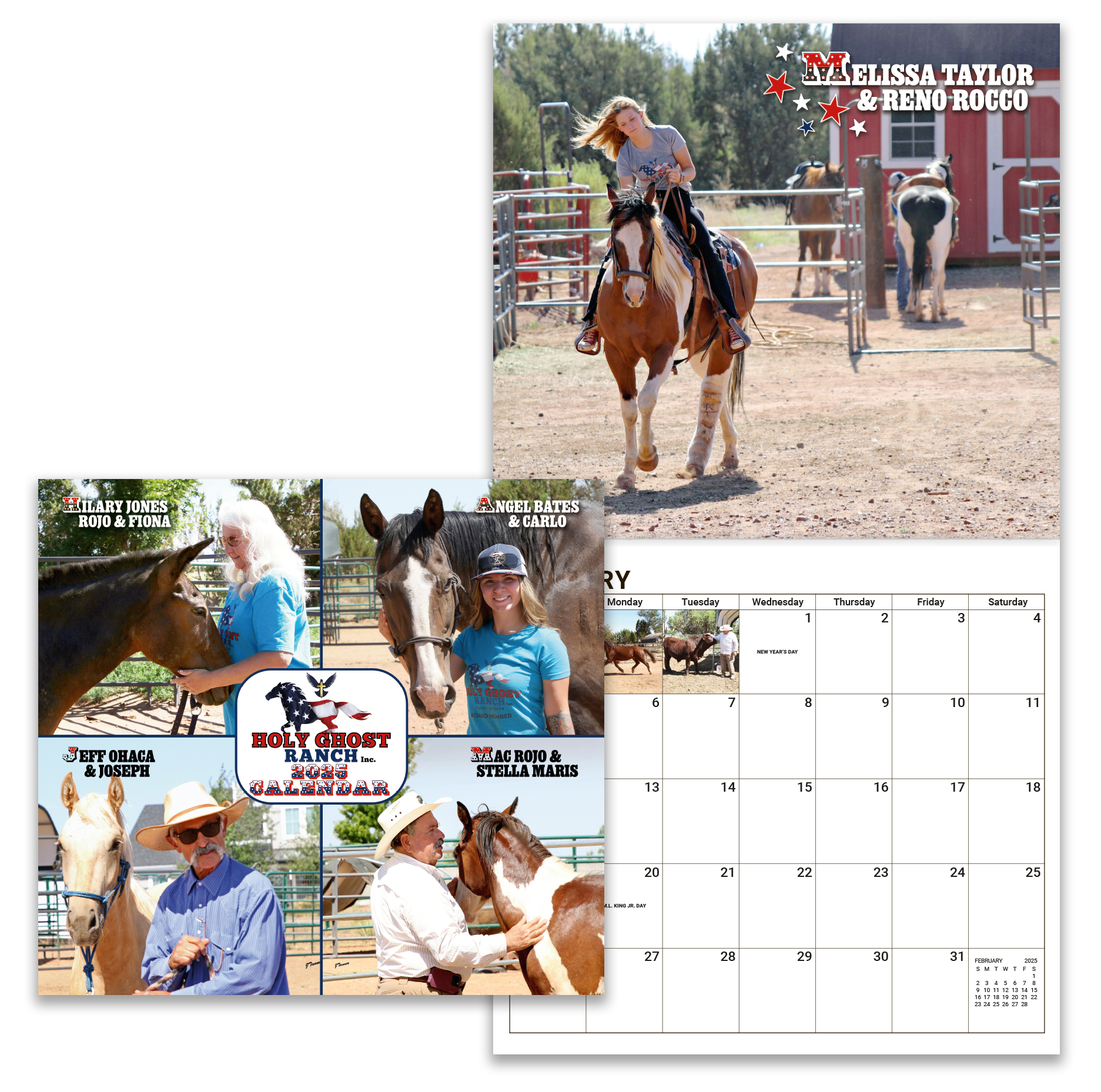 Sample fundraising calendar for a horse rescue ranch. The spread includes a full size photo and a calendar pad