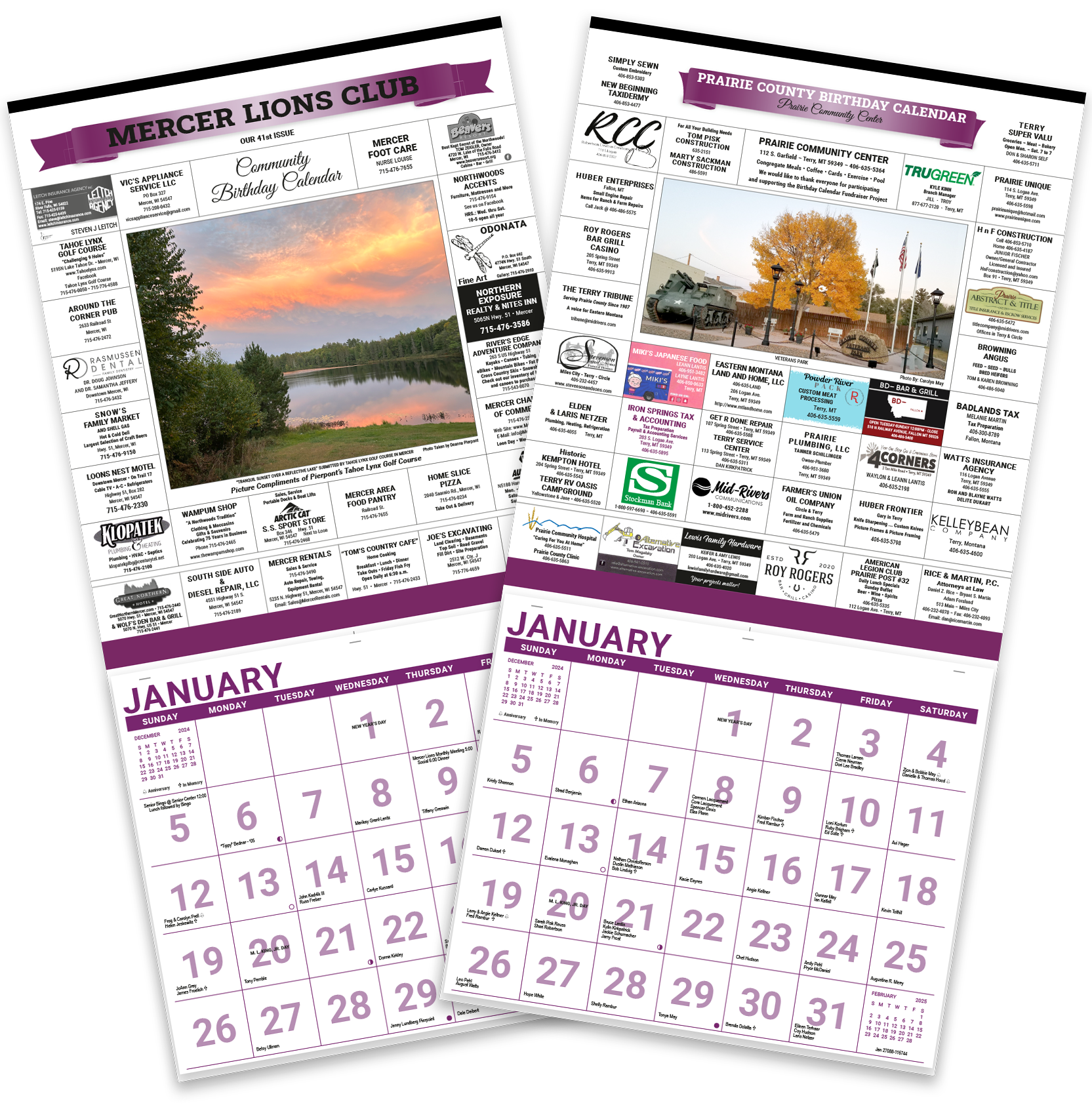 Two sample fundraising calendars for a community group and a lions club