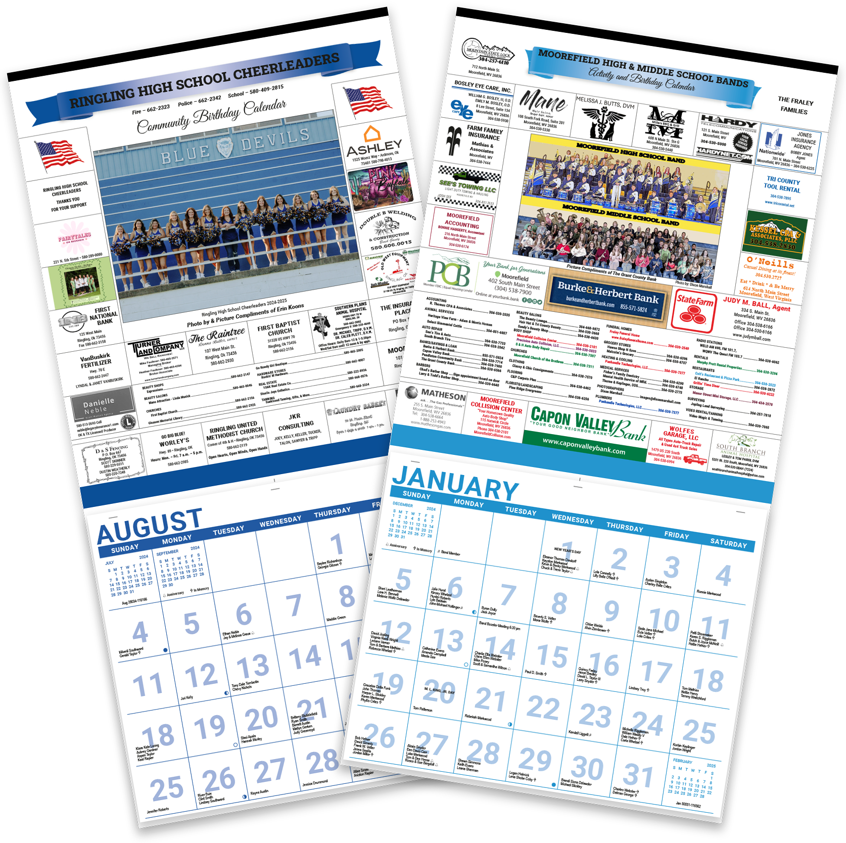 Two sample fundraising calendars for schools, a school band boosters and a cheer organization