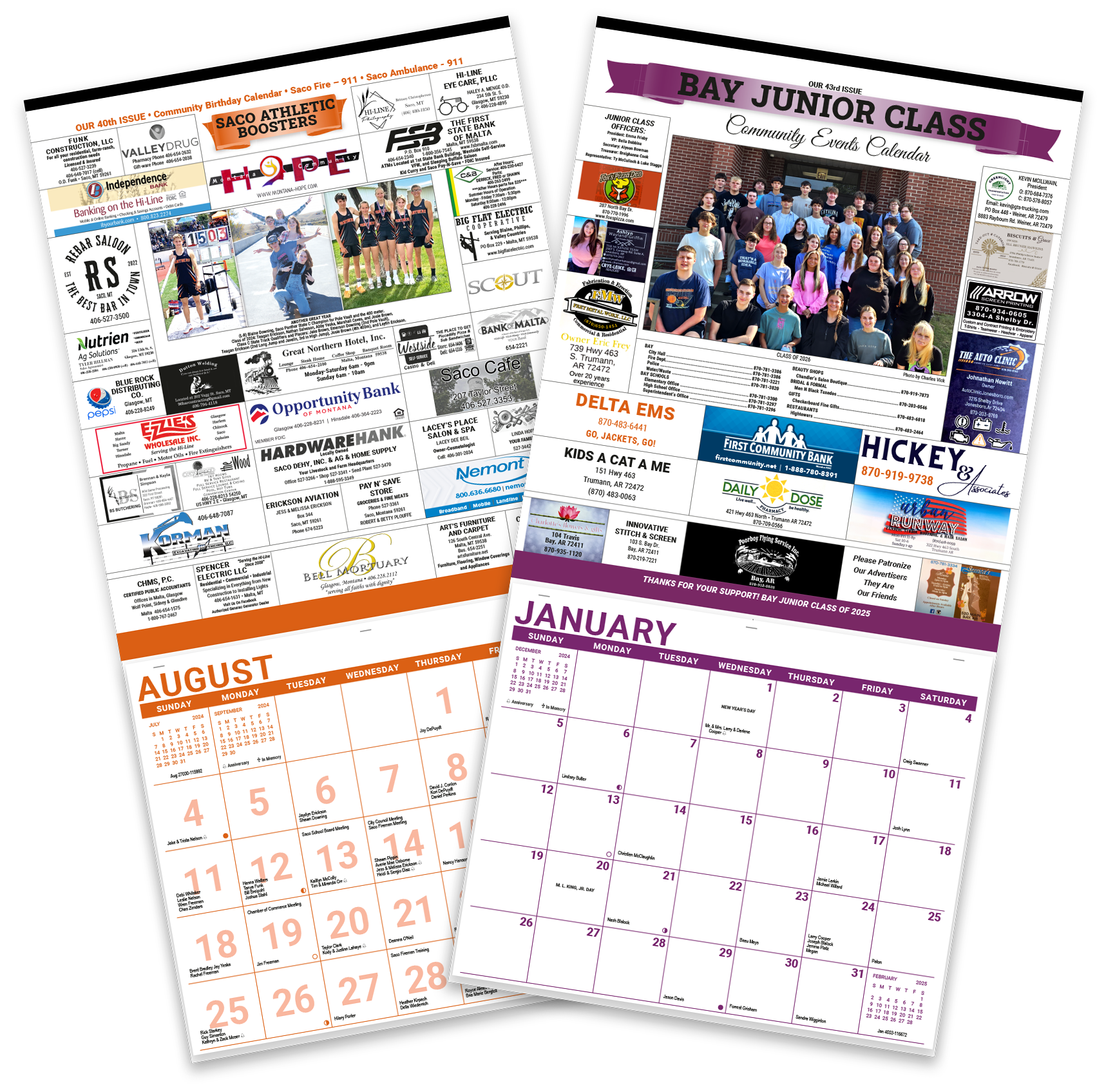 Two sample fundraising calendars for school organizations, a junior class, and an athletic boosters