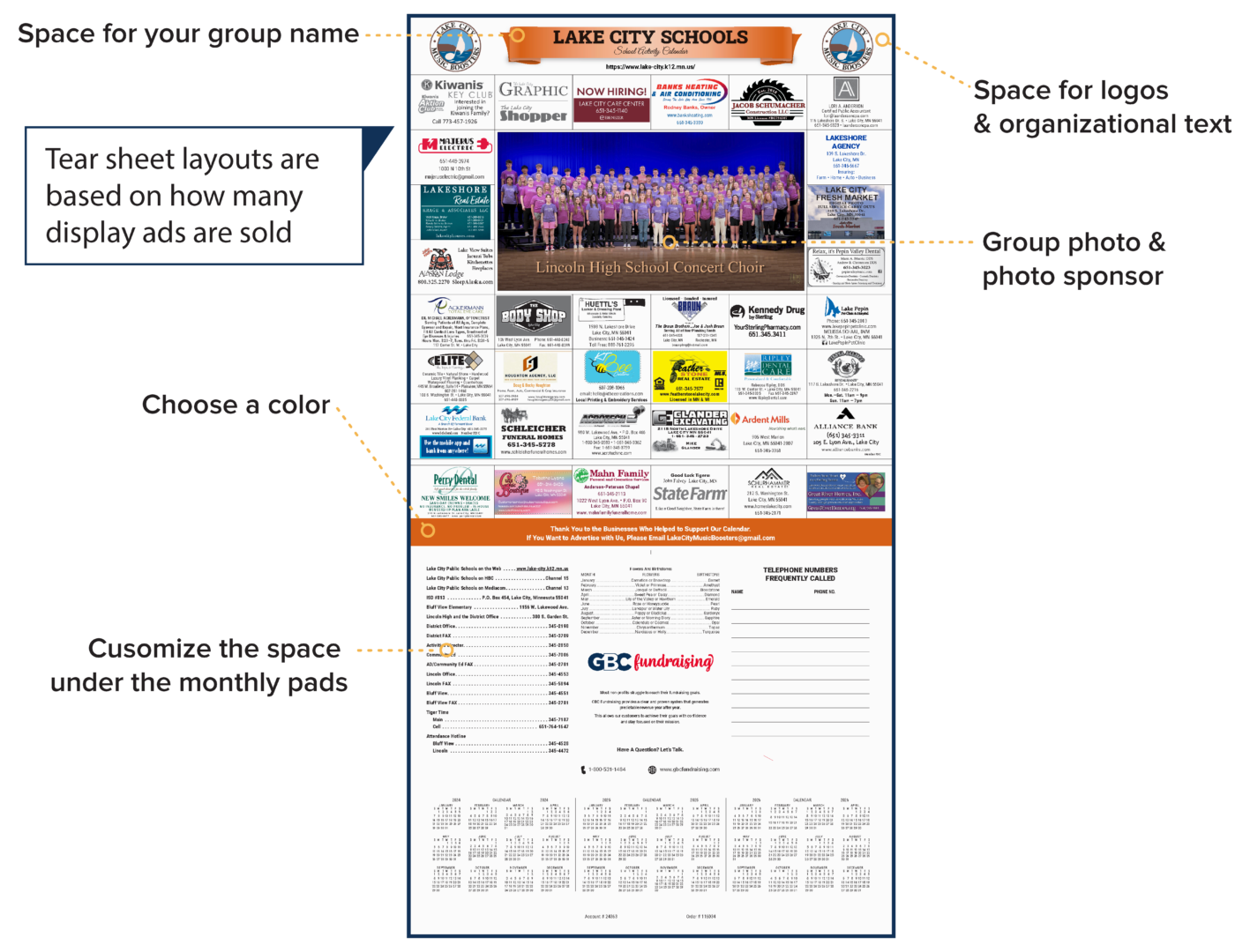 Graphic explaining the features that you can add to your fundraising calendar: space for an organization name and logos, a full size calendar photo, custom color options, custom underpad space. Tearsheet layouts are determined by how many ads are sold and the orientation of your photo